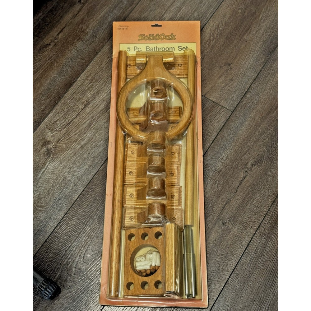 Vintage 1990 Solid Oak 5 Pc Bathroom Set Wood Wall Mount Hardware CB51080B NEW